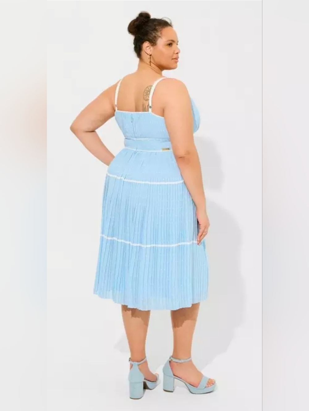 Marylin Monroe Light Blue Tiered Pleated Midi Dress with Spaghetti Straps - Picture 3 of 3